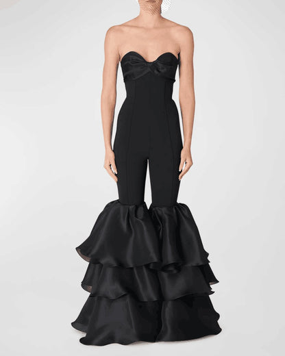 Dramatic Strapless Form Fitting Jumpsuit With Layered Bottom