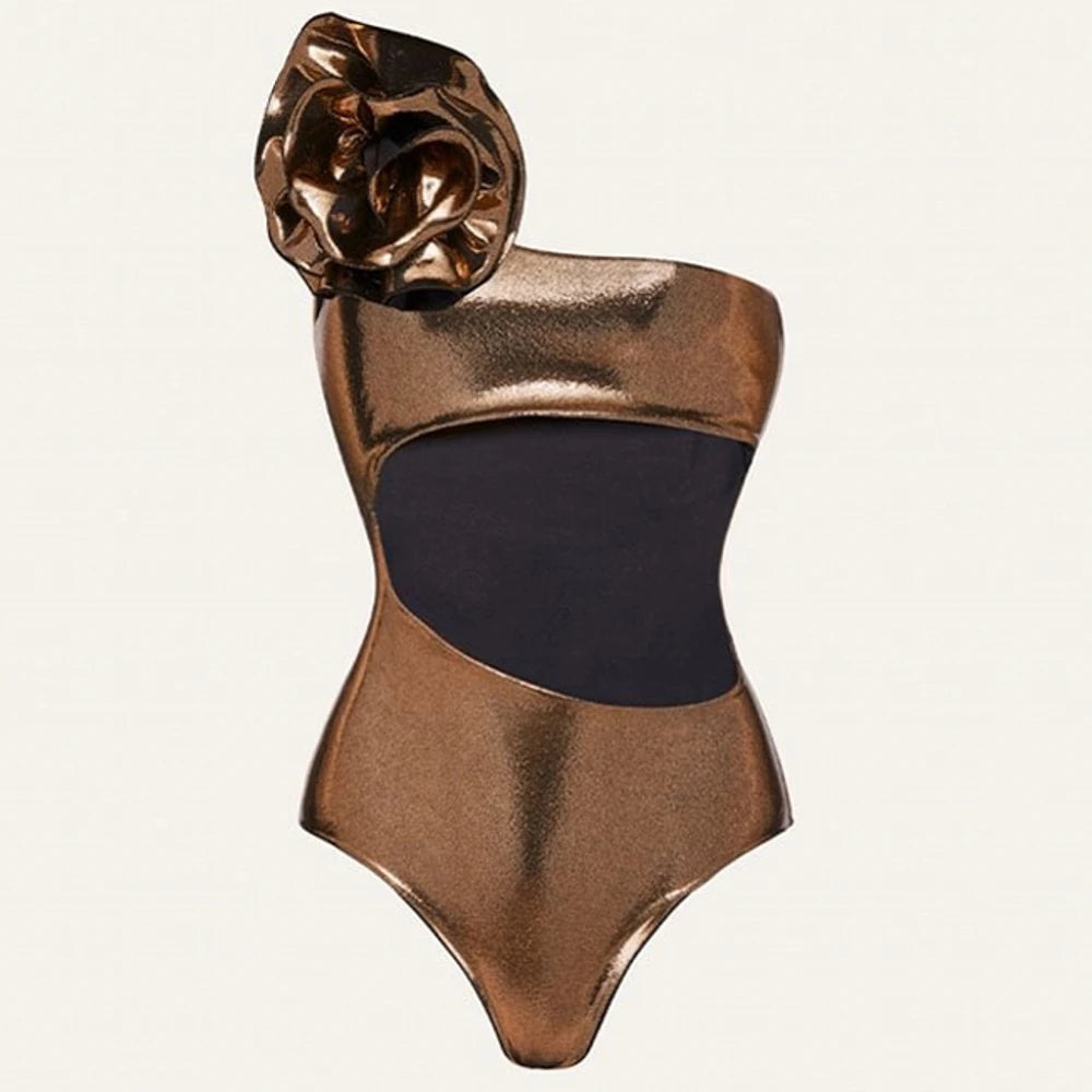 Metallic Gold Cut-Out Swimsuit with Oversized Rose Detail