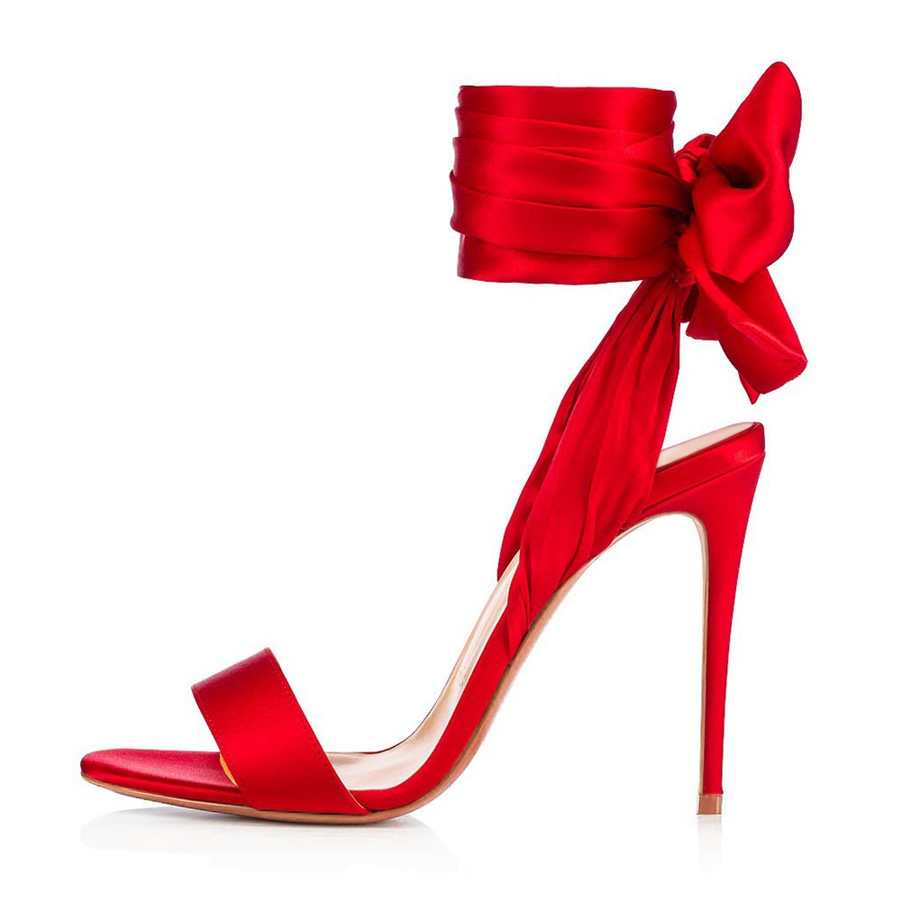 Scarlet Satin Bow Ankle-Wrap Stiletto Heels