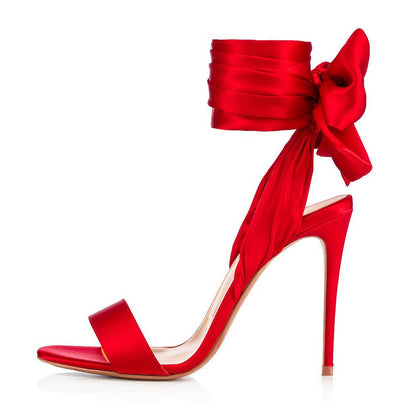 Scarlet Satin Bow Ankle-Wrap Stiletto Heels