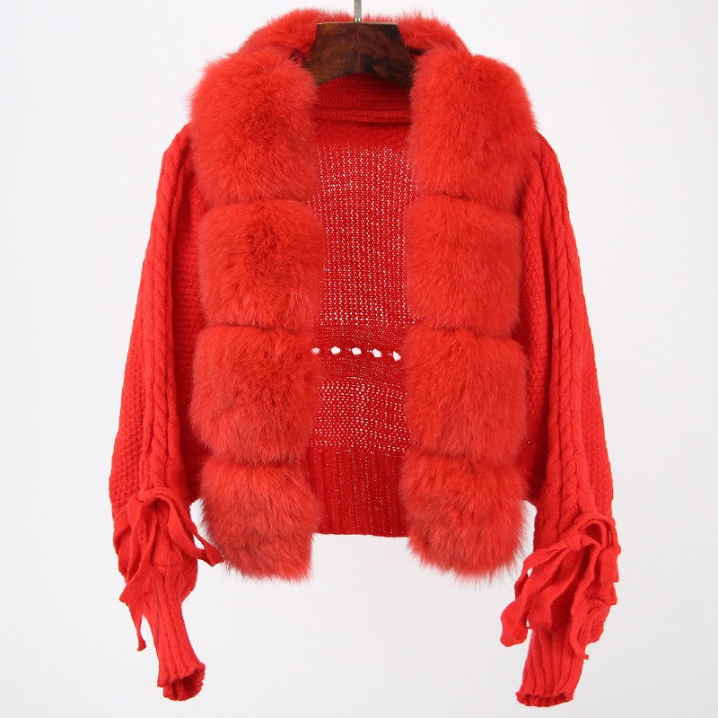 Elegant Loose Knitted Jacket with Faux Fur Collar.  Mutiple  Vibrant  Colors to Choose  From.