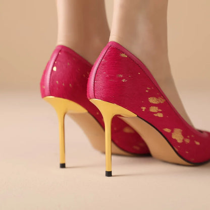 Gilded Splatter Pony-Hair Pointed-Toe Stiletto Leather Pumps
