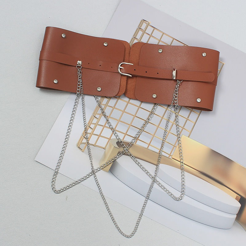 Edgy Wide Waist Belt with Chain Detail – Statement Style in Black or Camel