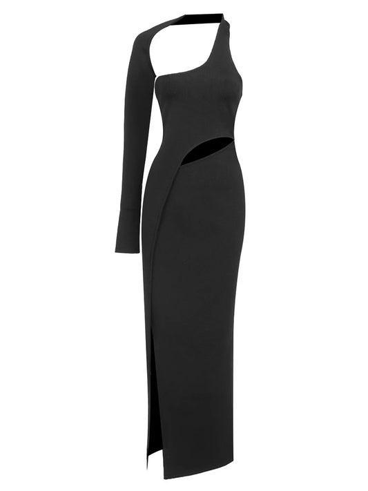 Long Elegant Backless Dress For Women With Irregular Neckline and One Sleeve