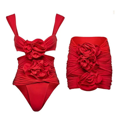 Red Hot, Quick Drying,  One Piece Swimsuit with 3D Flower Details in Four Unique Designs Paired with a Mini Skirt or  Tight Flaired Leggings