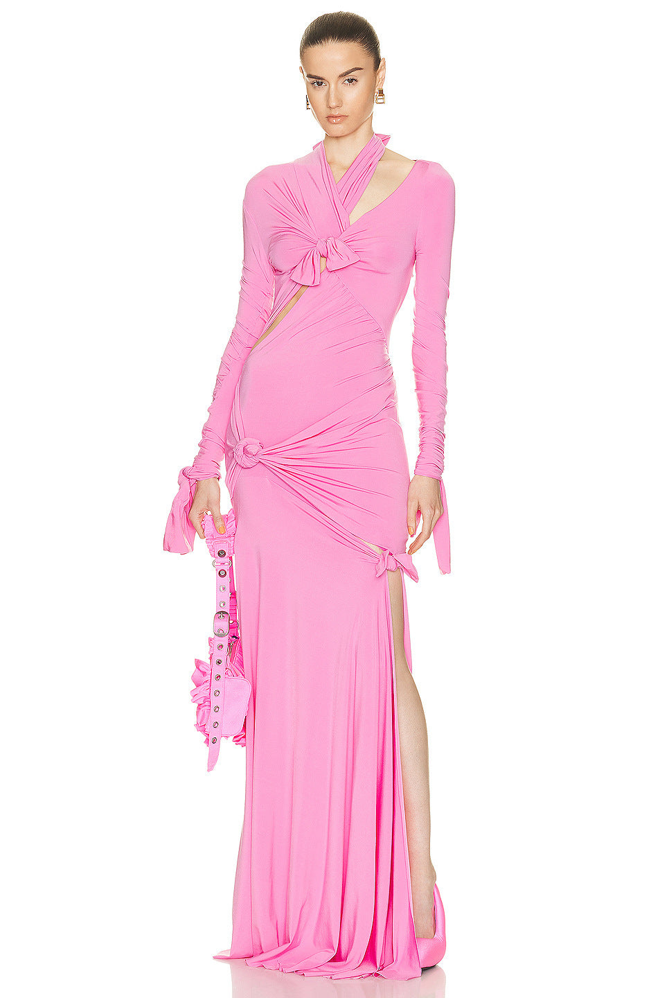 Solid Pink Cut  Long  Out Dress For Women