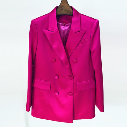 Stylish Bright Satin Double Breasted Loose Fitting Suit with Bra Top and  Short skirt