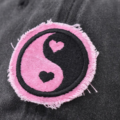 Distressed Pure Cotton  Baseball Cap with an Embroidered Pink and Black Yin-Yang Logo