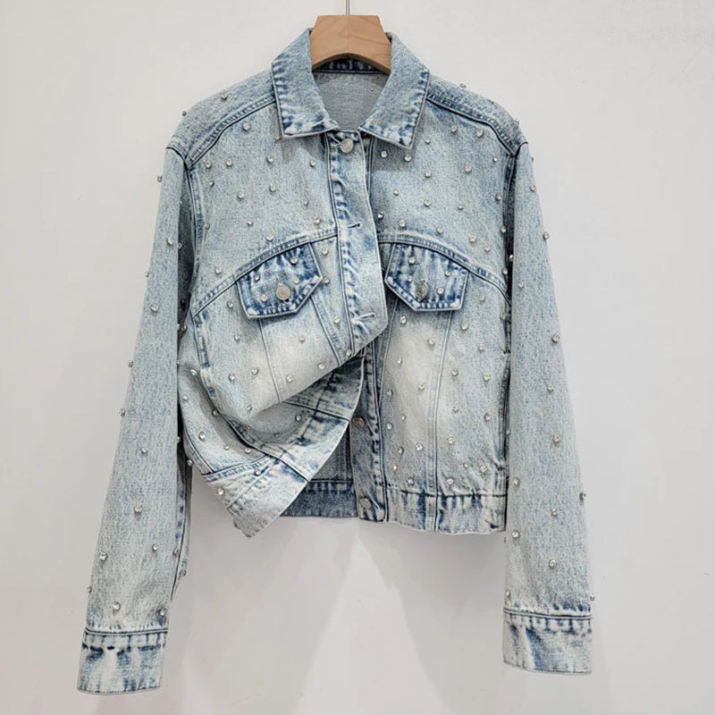 Pearl Studded Denim Jacket & Skirt Set – Vintage Glam Remix