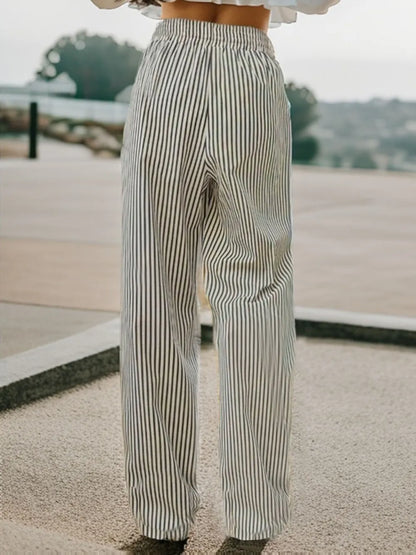 Striped Drawstring Wide-Leg Lounge Pants – Vertical Blue, Tan, & Black Stripe