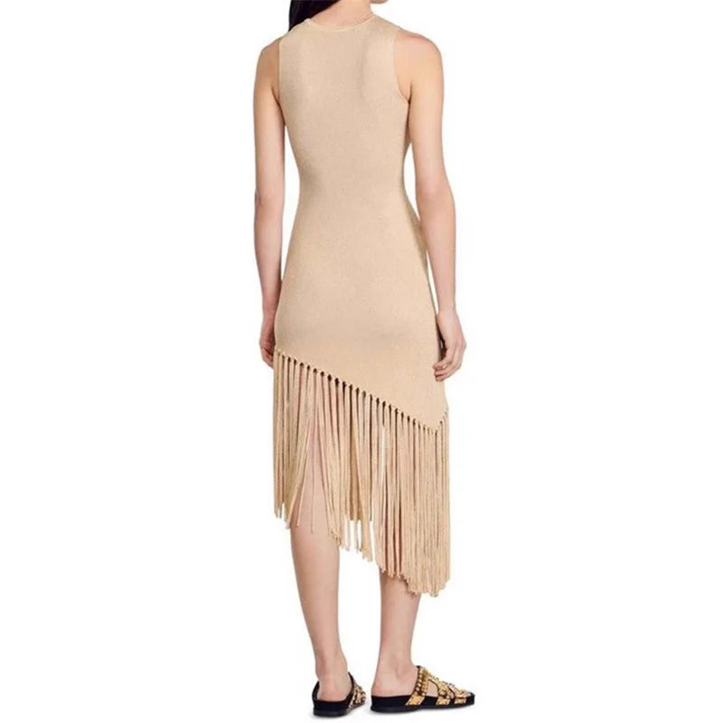 Bodycon Party Dress with Stylish Tassel Decorated Assymetric Hemline