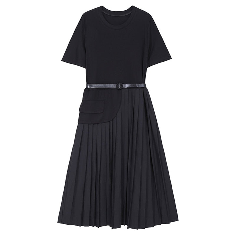 Belted  Apricot and Black Pleated Midi Dresses– Sophisticated, Structured, and Effortlessly Chic