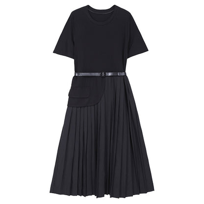 Belted  Apricot and Black Pleated Midi Dresses– Sophisticated, Structured, and Effortlessly Chic