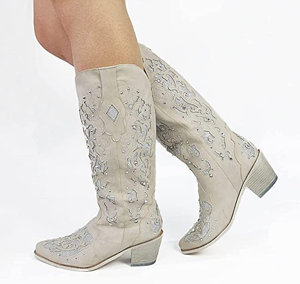 Super Stylish Embroidered Solid Thick Heel Cowgirl Boots