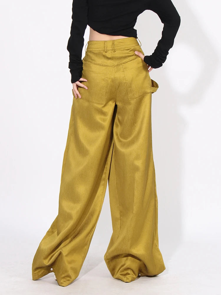 Stylish Floor Length Wide Legged High Waisted Loose Pants With Hanging Pockets