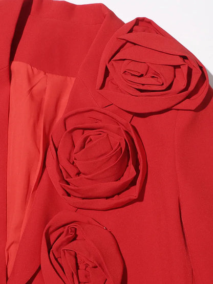 Red Floral Appliqué Blazer – Fierce Femininity, Tailored to Bloom