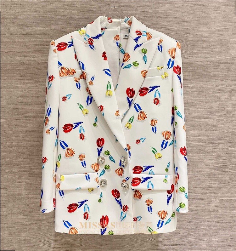 Hip Loose  Flower Print Blazer With  Crystal Buttons