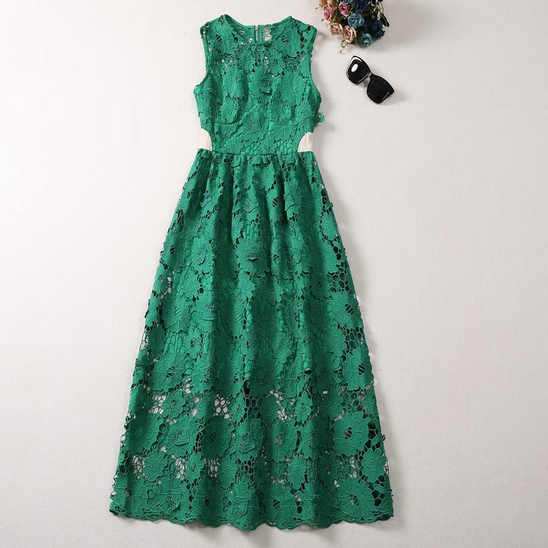 Beautiful Green Mid Length Lacy Dress  With Sides Cut Outs