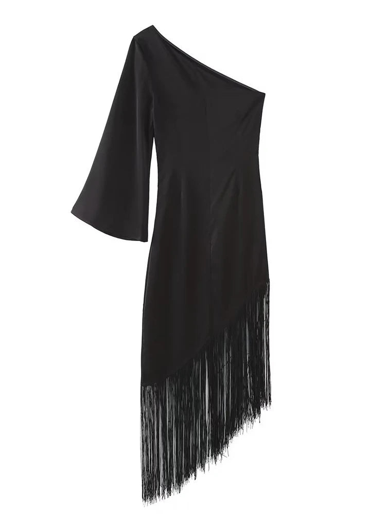 Elegant  Fringe Dress  With Asymmetrical Sleeve