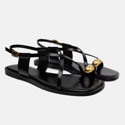 Celeste Metallic-Bead Ankle-Strap Leather Flats