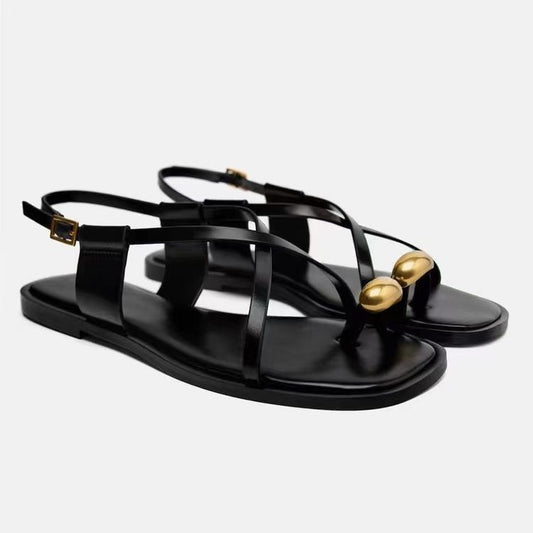 Celeste Metallic-Bead Ankle-Strap Leather Flats