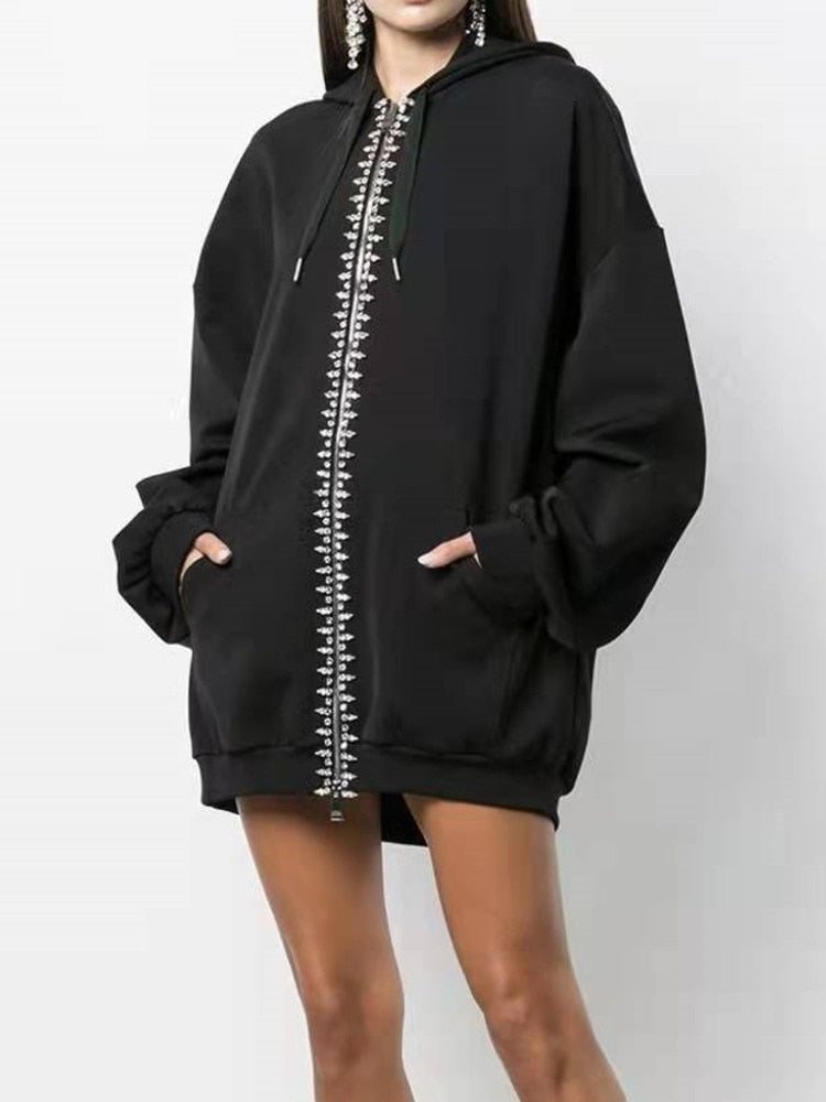 Cool Women's  Black Long Sleeved Hoodie with a Back Cut-out Design and Front Zipper,