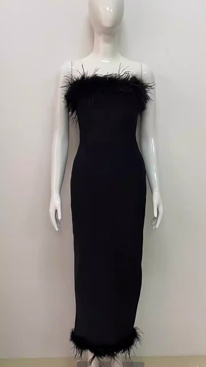 Elegant Sleeveless Dress with Feather Design on Hem and Bodice