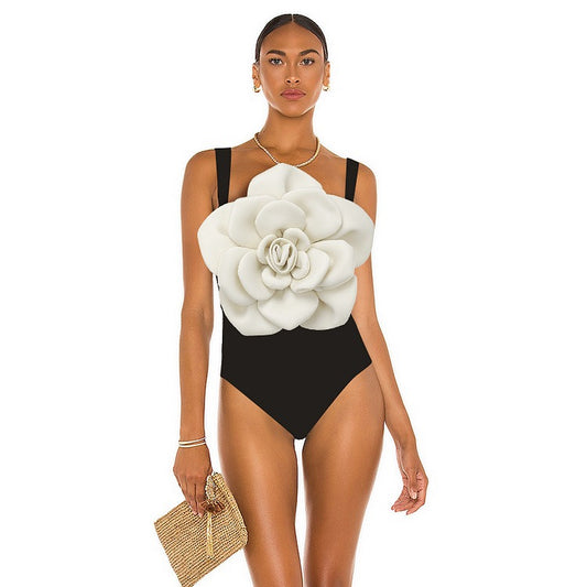 European and American black and white three-dimensional large flower one-piece swimsuit for women