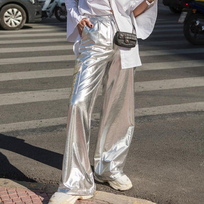 Futuristic Metallic-Silver Cargo Trousers