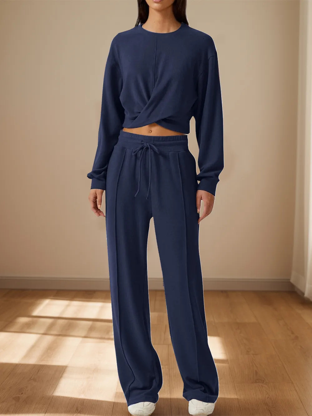 Twist-Front Pastel Knit Lounge Set – Cozy Crewneck Sweater & Drawstring Wide-Leg Pants