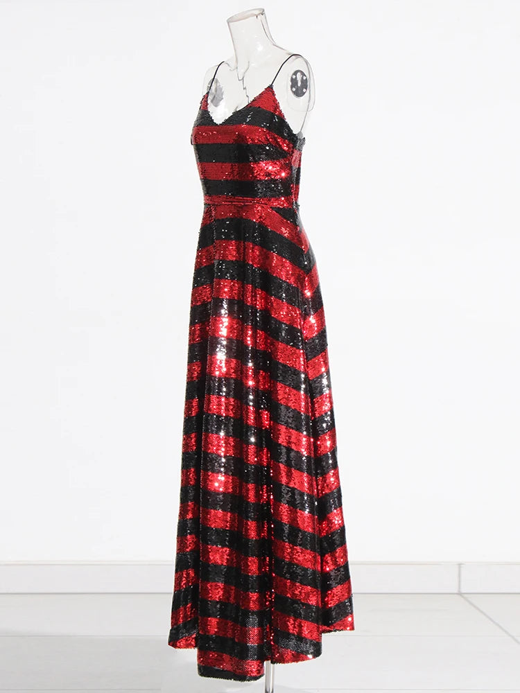 Red and Black Striped Sequins Gown