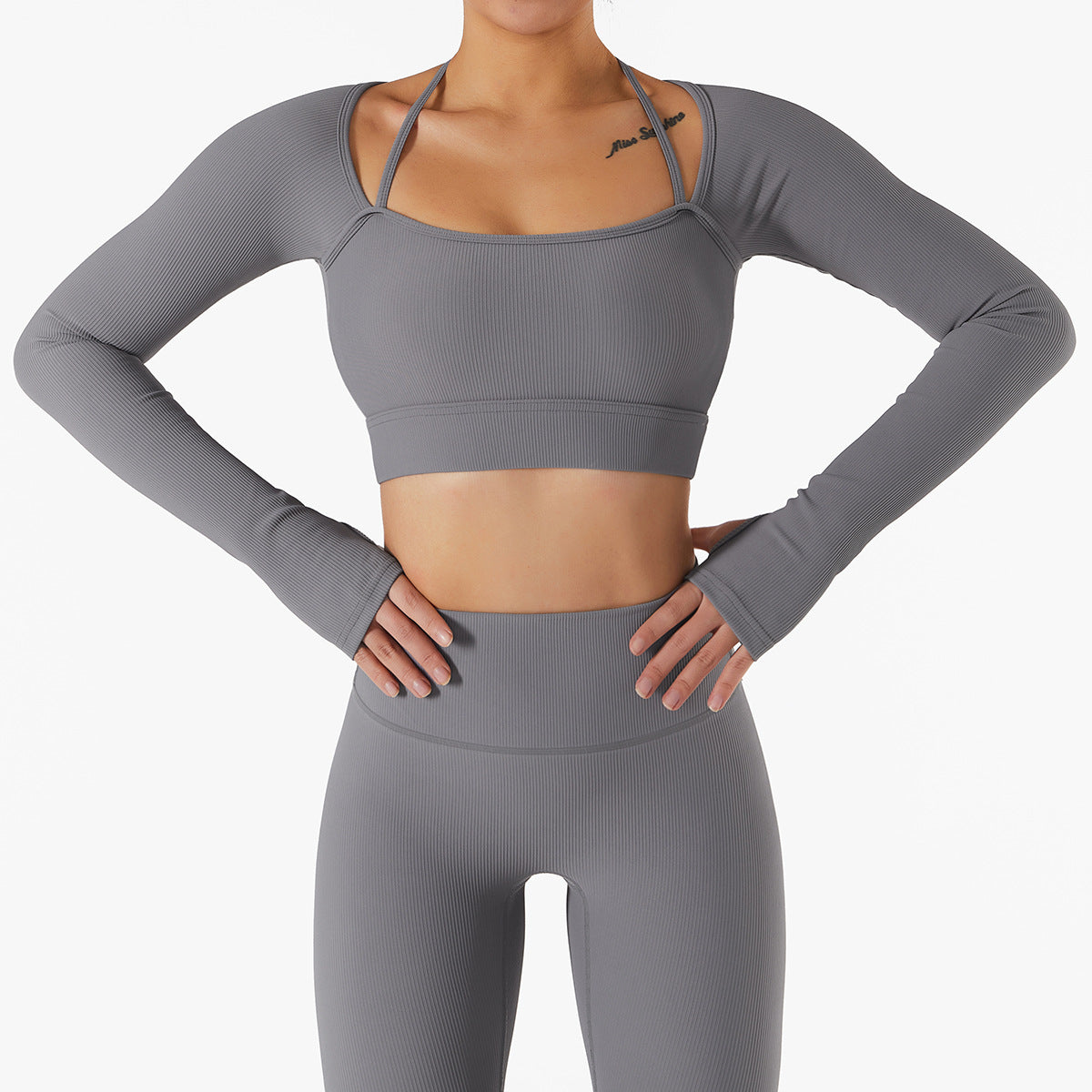 Fast Drying Sports Top and Short Set, Slim Fit Long Sleeve Yoga Outfit