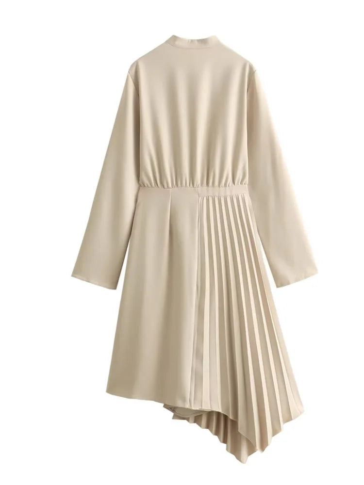 Asymmetrical Khaki Dress with Pleated Hem Dress