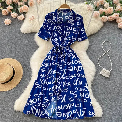 Beautiful Letter Print Single Breasted  Midi Long Dress