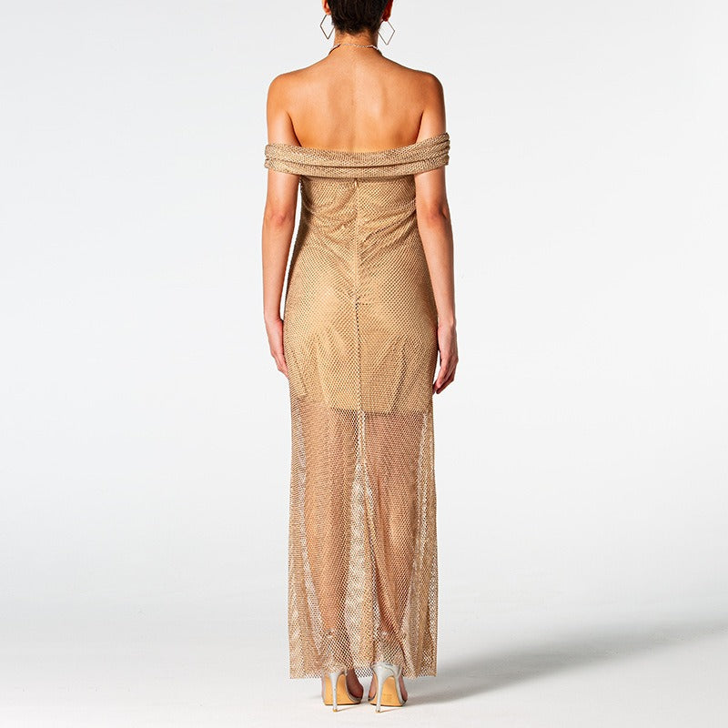 Chic Off the Shoulder Gold Coloured Dress With  Perspective Sequins.
