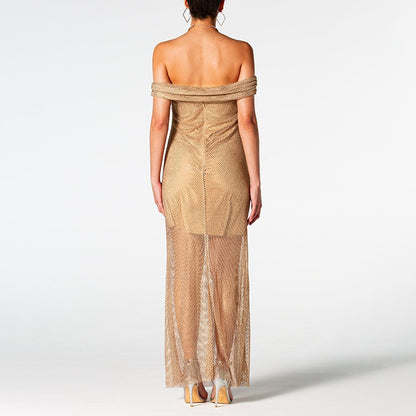 Chic Off the Shoulder Gold Coloured Dress With  Perspective Sequins.