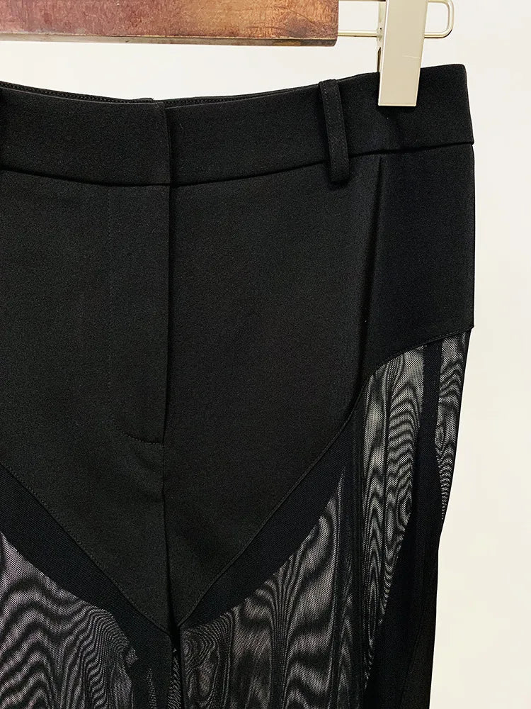 Sheer-Panel Tailored Blazer & Fluted Mesh-Hem Trousers Set (Black)
