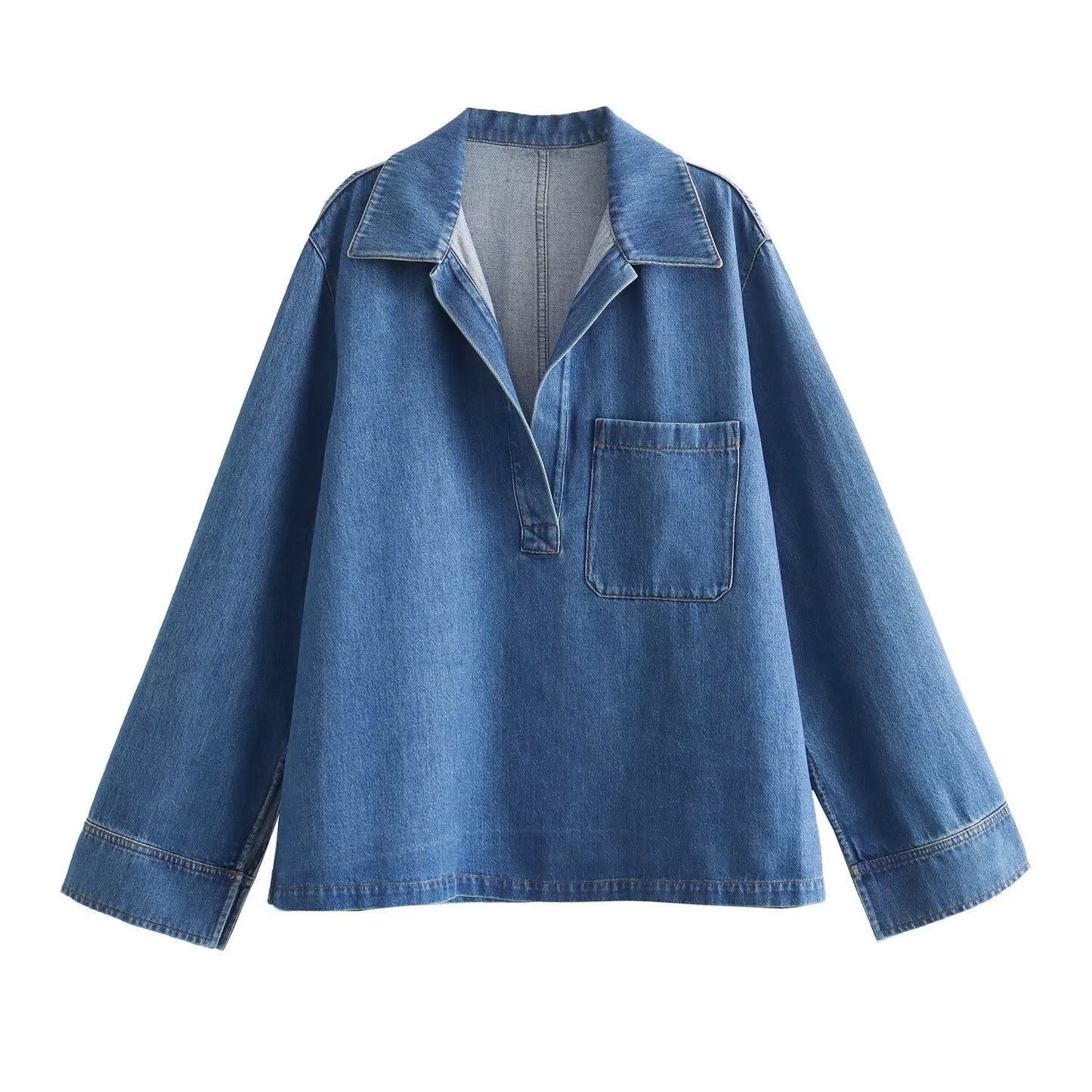 Denim Two-Piece Set: Pullover Shirt & Wide-Leg Wide-Leg Pants