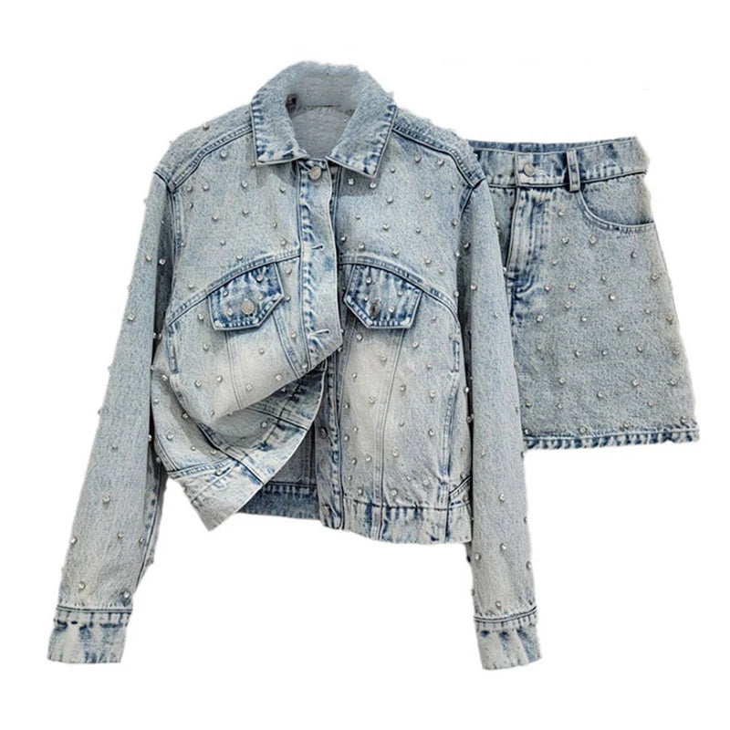 Pearl Studded Denim Jacket & Skirt Set – Vintage Glam Remix