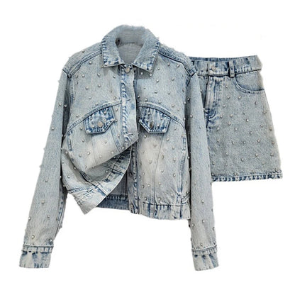 Pearl Studded Denim Jacket & Skirt Set – Vintage Glam Remix