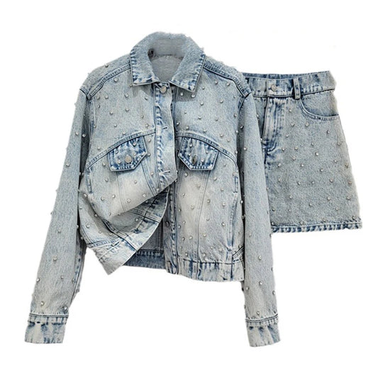 Pearl Studded Denim Jacket & Skirt Set – Vintage Glam Remix