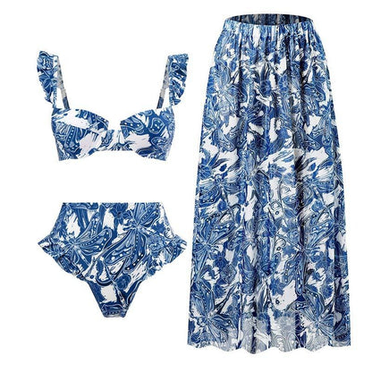 Three-piece Set of Retro Style Print Swimsuits Paired with a Matching Sarong in Multiple Designs