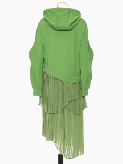 Stylish Long Sleeved Hooded  Green Dress with Tiered Pleats