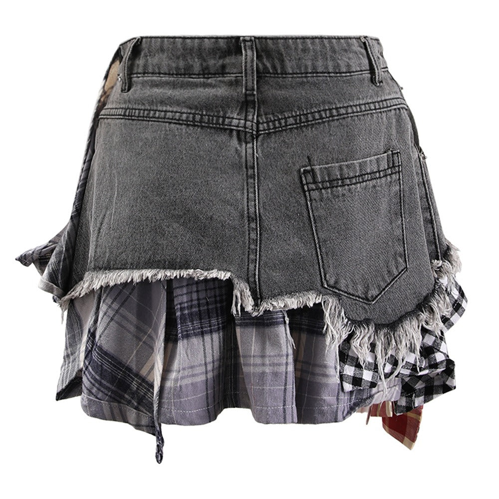 Funky Short High Waisted Denim Skirt with Plaid Patchworks