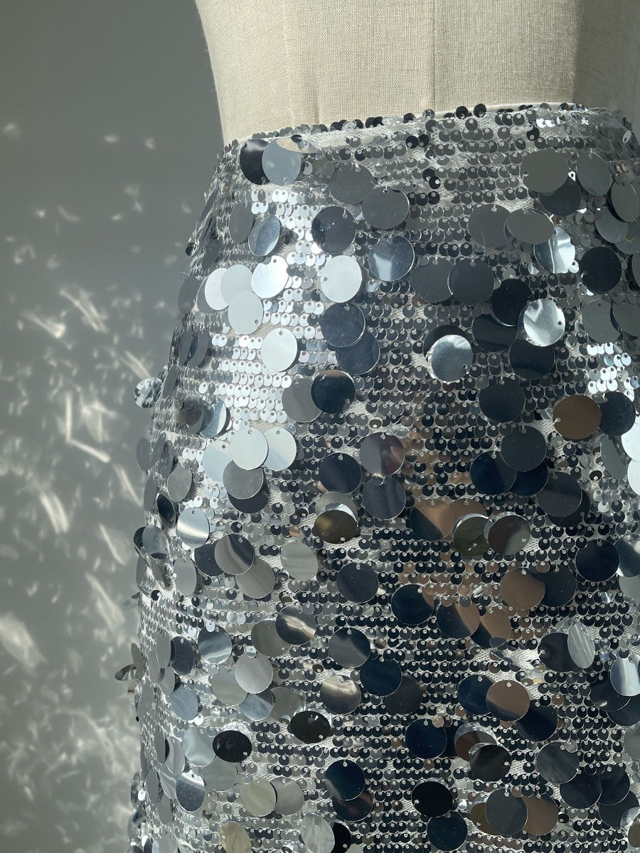 Dazzling Silver Sequin Skirt With  Elastic Waist