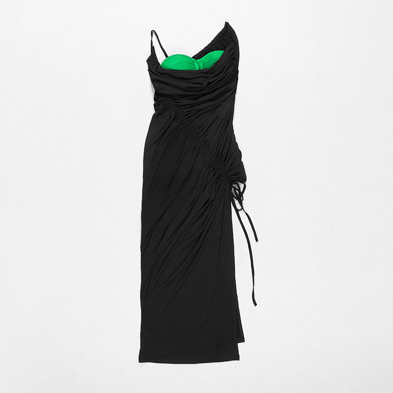 Black Sling Colorblock Dress Knit Bandage Evening Dress Winter Fashion for Women