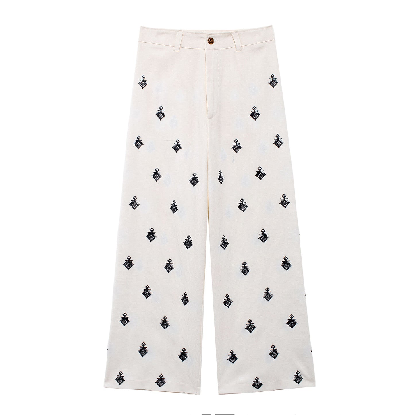 Embroidered Geo-Motif Linen-Blend Shirt & Wide-Leg Trouser Set