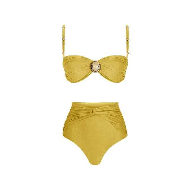 Golden Hour Glam Bikini Set with Matching Ruched Skirt
