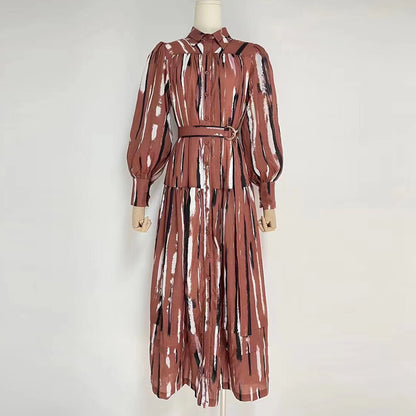 Elegant Long Sleeved Vintage Inspired Belted Dress For Women