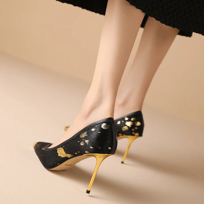 Gilded Splatter Pony-Hair Pointed-Toe Stiletto Leather Pumps
